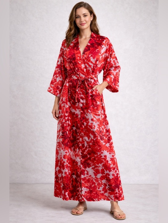 Natori Other - Natori Robe‎ Long Satin Wrap Floral Red White Gold Kimono Maxi Belted Pockets XL